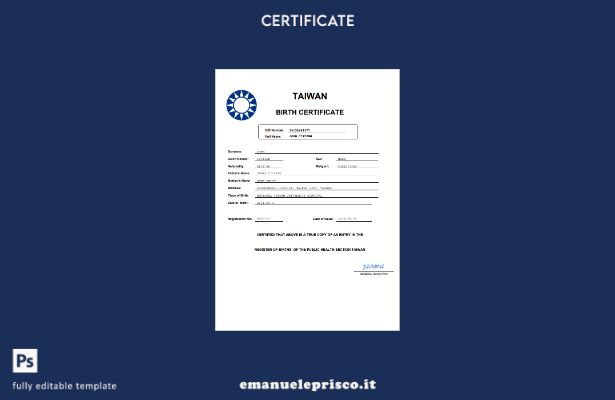 Certificato di nascita di Taiwan in stile verificato nel modello in formato Word